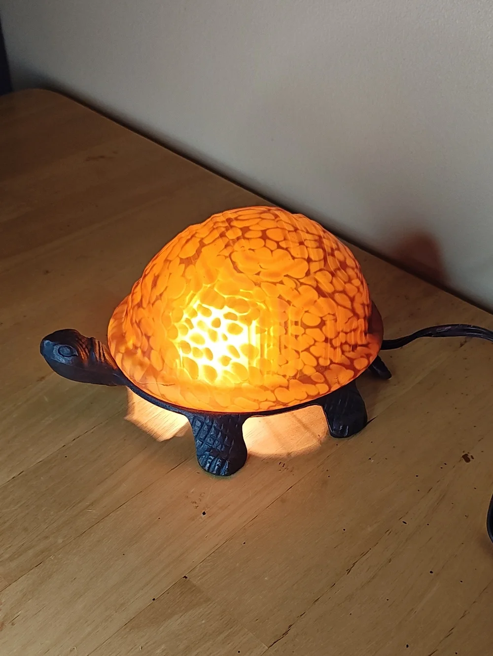 Vintage Amber Glass Turtle Lamp Cast Iron Base Tiffany Style Accent Nightlight
